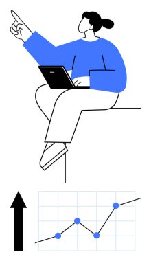 Dizüstü bilgisayarı yukarıya bakan bir kadın, araştırma ve ilerlemeyi vurguluyor. Yukarı doğru grafik ve ok içerir. Ticari başarı, analitik, yenilik, büyüme, strateji ve eğitim için ideal