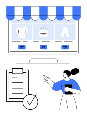 Alışveriş arabası ikonlarının olduğu dijital mağaza önü ürünleri, keneli kontrol listesi ve elinde tablet olan bir kadın. E-ticaret, perakende, planlama, karar verme, kullanıcı için ideal