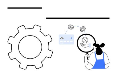 Kadın karakter, maddi işlemleri inceliyor. Etrafı bozuk paralarla çevrili bir büyüteçle kredi kartına bakıyor. Finans, e-ticaret, çevrimiçi ödemeler, dijital işlemler, tasarruflar için ideal