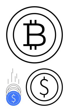 Büyük parada Bitcoin sembolü, küçük parada dolar sembolü, yanında mavi paralar. Kripto para birimi, finans, yatırım, parasal sistemler, dijital para birimi, ekonomik eğilimler için ideal