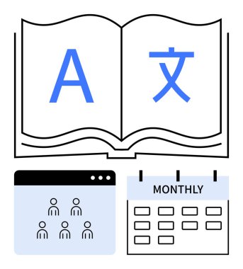 Çok dilli metni olan açık bir kitap, katılımcılarla arayüz ve aylık bir planlayıcı. Eğitim, dil eğitimi, planlama, çevrimiçi kurslar, zaman yönetimi, öğretiler için idealdir.