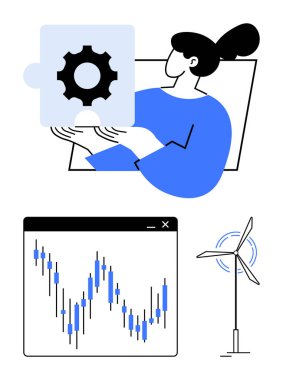 Elinde yapboz parçası tutan kadın, şamdan desenli mali tablo, enerji üreten rüzgar türbini. Yenilik, teknoloji, sürdürülebilirlik, finans ve yenilenebilir enerji için ideal