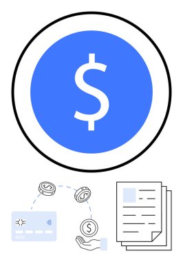 Mavi daireli dolar işareti, kredi kartı, bozuk para, el ve belgeler. Yatırım ve muhasebeyi finanse eden dijital ödemeler, bankacılık ve işlemler için idealdir. Satır metaforu