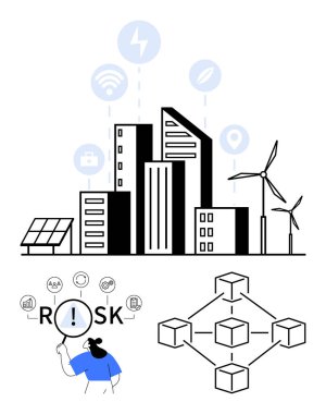 Güneş panelleri, rüzgar türbinleri, bağlantı ikonları ve birbirine bağlı enerji blokları olan şehir manzarası riskleri analiz eden engelleme zincirini sembolize ediyor. Teknoloji, enerji ve sürdürülebilirlik için ideal