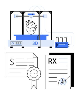 Tıbbi 3D yazıcı, sağlık giderleri ve reçeteleri gösteren belgelerle birlikte bir insan kalbi yaratıyor. Sağlık teknolojisi, yenilik, tıbbi araştırma, biyobasım, hasta bakımı ve gelecek için ideal