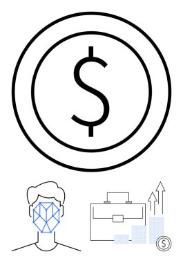 Çemberde büyük bir dolar işareti, yüz tanıma sistemi, evrak çantası, ok ve bir yığın bozuk para. Finans, teknoloji, iş büyümesi, kripto para birimi güvenliği için ideal dijital