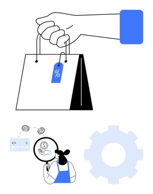 Yüzdelik etiketli el çantası, mali işlemleri izleyen iş kadını, kredi kartı, büyük teçhizat. Çevrimiçi alışveriş, e-ticaret, perakende, finans ve iş stratejisi için ideal