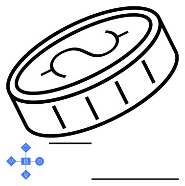 Dolar sembollü ve soyut diyagram elementli sikke. Finans, tasarruf, yatırım, kripto para birimi, para politikası, ekonomik büyüme ve ticaret için ideal. Soyut çizgi düz metafor