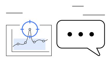 Hedef simge ve konuşma baloncuğu ile satır grafiği. Veri analizi, iletişim, içgörü, strateji, takım çalışması, planlama ve eğitim için ideal. Soyut çizgi düz metafor