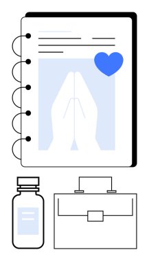 Dua eden eller, kalp ikonu, ilaç şişesi, evrak çantası olan defter. Maneviyat, sağlık, kişisel bakım, iş-yaşam dengesi, meditasyon minnettarlık verimliliği için idealdir. Asgari soyut çizgi