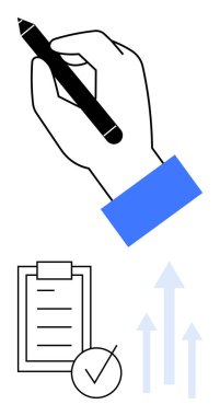 Mavi manşetli kalem, işaretli kontrol listesi, yükselen oklar. Üretkenlik, planlama, verimlilik, büyüme, başarı organizasyonu hedef takibi için idealdir. Soyut çizgi düz metafor