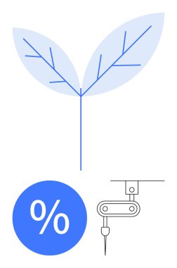 Çift yapraklı bir bitki, mavi yüzde işareti ve bir otomasyon makinesi aleti. Sürdürülebilirlik, büyüme, yeşil teknoloji, yenilenebilir enerji üretimi 4.0 için ideal. Temiz