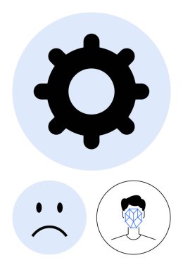 Yüz tanıma sistemi ve üzgün yüz sembolleriyle merkezi vites simgesi teknolojiyi, yapay zekayı, duyguları ve otomasyonu işaret ediyor. Makine öğrenme, yapay zeka etiği, teknolojik yenilik ve duygusal zeka için ideal.