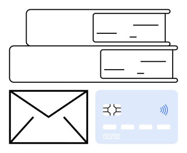 Birikmiş kitaplar, zarf ve temassız kredi kartı öğrenme, iletişim, finans ve yenilikleri vurguluyor. Eğitim, ekommerce, bankacılık sektörü yazışmaları için ideal dijital ödemeler