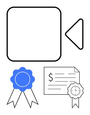 Mavi kurdelenin yanında kamera ikonu, dolar işareti olan sertifika ve zaman tabanlı ödül tanınma, kalite ve başarı öneriyor. Video, sertifika, ödül, kalite güvencesi için ideal