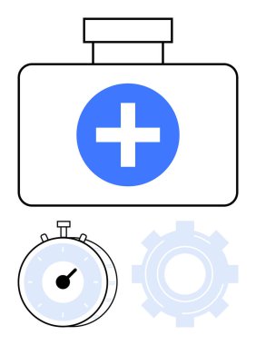 Haçlı tıbbi vaka, zaman kronometresi, işlemler için ekipman. Sağlık, zaman yönetimi, acil durum hizmetleri, tıbbi sistemler, verimlilik, optimizasyon, düz çizgi metaforu için ideal