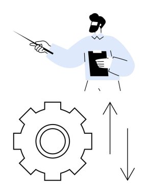 Sopayla işaret eden kişi, büyük bir dişli ve okun yanında bir pano tutuyor. Liderlik, analiz, takım çalışması, ilerleme süreci, proje planlaması, eğitim, soyut çizgi düz metaforu için ideal