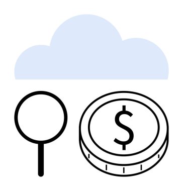 Dolar işareti olan büyüteç ve bozuk para bulutu dijital aletlere, paraya ve araştırmaya odaklanıyor. Teknoloji, analitik, tasarruf, bulut depolama, yatırım fintech soyut hattı için ideal