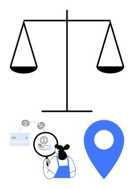 Denge ölçeği, para sembolü, kredi kartı ve mavi lokasyon iğnesinin üzerinde büyüteç olan analist. Adalet, finans, analiz, lojistik, karar verme navigasyon kavramları için idealdir.