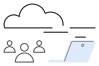 Yatay çizgileri, insan simgeleri ve dizüstü bilgisayarı olan bir bulut çizgisi. Takım çalışması, bulut depolama, veri paylaşımı, uzak çalışma, çevrimiçi işbirliği, ağ oluşturma soyut metaforu için ideal