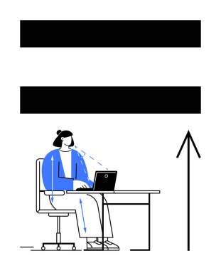 Professional woman working on a laptop at a desk, with blue directional arrows indicating focus and black arrows suggesting equality and upward progress. Ideal for business growth, technology clipart