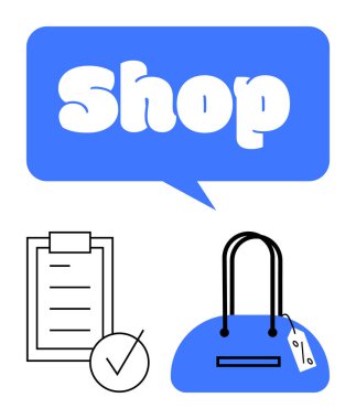 Dükkan ile mavi konuşma balonu, fiyat etiketli el çantası ve işaretli kontrol listesi simgesi. Perakende, e-ticaret, satış, bütçe, ürün envanteri, soyut marka düz metaforu için ideal