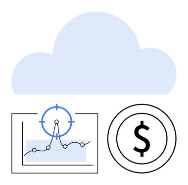 Finansal haritası olan bulut büyümeyi, mavi hedef sembolünü ve bir dairenin içindeki doları gösteriyor. Teknoloji, iş stratejisi, analitik, para kazanma, bulut çözümleri, veri içgörüleri soyut çizgi için ideal