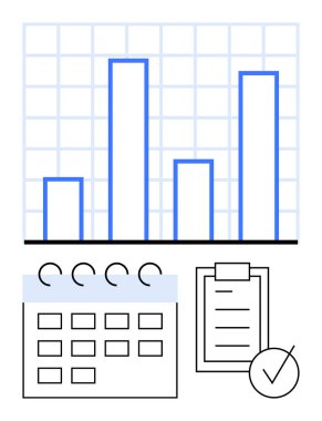 Izgaralı bar şeması, takvim ızgarası ve işaretli kontrol listesi. Üretkenlik, yönetim, analitik, planlama, izleme, raporlama organizasyon soyut çizgi düz metaforu için ideal