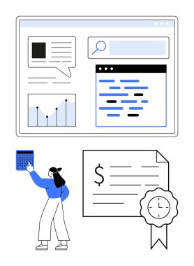 Çizelgeleri, arama çubuğu ve grafikleri olan bir ekranda veri değerlendiren kadın karakter. Üzerinde fiyat ve saat sembolü olan bir belgenin yanında hesap makinesi kullanmak. Finansal raporlar ve son teslim tarihi için ideal