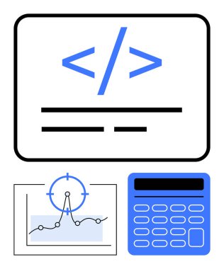 Metinli kodlama etiketi, işaretli çizgi grafik analizi ve dijital hesap makinesi. Teknoloji, yazılım geliştirme, kodlama, veri analizi, eğitim, finans soyut çizgi düz metaforu için ideal