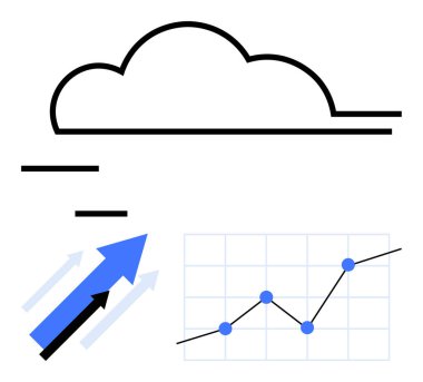 Büyüyen oklar üzerinde bulut anahatları ve veri analizlerini, ilerlemeyi ve yenilikleri temsil eden bir çizgi çizelgesi. Dijital büyüme, bulut hesaplama, analitik, iş stratejisi, mali eğilimler için ideal