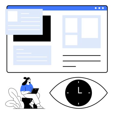 Web interface with content blocks, person using a laptop, clock within an eye symbol. Ideal for UX design, web development, productivity, creativity, digital planning, focus management abstract line clipart