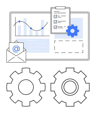 Büyüme çizelgesi ve çubukları olan çizelge, panoda kontrol listesi, e-posta zarfı ve iki vites sembolü. Proje planlaması, veri analizi, iş akışı, üretkenlik, takım çalışması yeniliği için ideal soyut çizgi