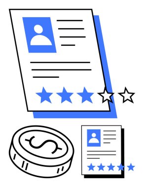 Profil fotoğrafı, metin satırları ve yıldız reytingleriyle belgeye devam et. İkinci özgeçmişin yanında bir dolarlık para. İK için ideal, iş başvuruları, çalışan değerlendirmeleri, profesyonel profiller, kariyer başarısı