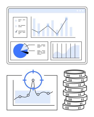 Grafikler, pasta grafikleri, hedef analizleri ve istiflenmiş paralar, iş ölçümleri, veri içgörüleri, finansal büyüme, strateji piyasa analizi performans optimizasyonu başarısını temsil ediyor. Soyut