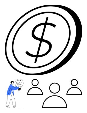 Kullanıcı profillerinin üst hatlarında büyük boy para, ampulü olan kişi. Ticari işbirliği, yatırım, yenilik, takım oluşturma, liderlik, finans büyümesi, soyut düz çizgi