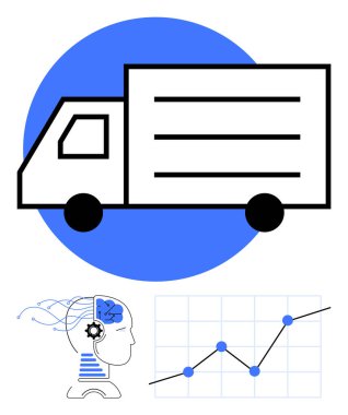 Teslimat kamyonu, yapay zeka kullanan insan kafası ve yükselen grafikler teknoloji odaklı lojistik ve iş verimliliğini vurguluyor. Yapay zeka, tedarik zinciri, veri analizi, otomasyon, yenilik ve ilerleme için ideal
