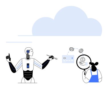 Robot ve insan dijital para birimleri ve bulut hizmetleri ile etkileşimde, işlemleri analiz ediyorlar. Yapay zeka teknolojisi, bulut hesaplama, fintech, işbirliği, yenilik, gelecekteki çalışma alanları için ideal