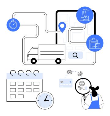 Harita, kronometre, fabrika ve depo ikonlarıyla dolu bir kamyon yolda. Zamanlamayı temsil eden takvim ve saat. Büyüteç, ödeme kartı, izleme cihazı. Lojistik yönetim için ideal