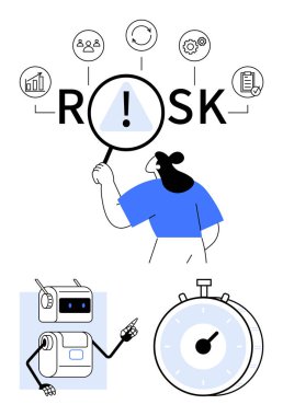 İnsanların veri, otomasyon, robot ve kronometre risk sembollerini vurgulayan büyüteç. Risk yönetimi, teknoloji, iş stratejisi, verimlilik, analiz, karar verme mekanizması için ideal