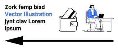 Masasında dizüstü bilgisayar üzerinde çalışan mavi elbiseli bir iş kadını. Cüzdan ve kredi kartı solda. Finansal hizmetler, iş, teknoloji, çevrimiçi ödemeler, ofis işleri, bankacılık için ideal
