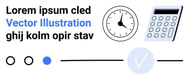 Hesap makinesi, saat, ilerleme çubuğu ve zaman yönetimi ve görev tamamlamayı sembolize eden işaretler. Üretkenlik, verimlilik, teslim tarihleri, iş akışı, proje planlama ve zaman için ideal