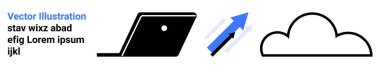 Laptop, yukarı doğru ok veri transferini ve bulut anahatlarını sembolize ediyor. Teknoloji, bulut hesaplama, veri depolama, dijital ilerleme, yenilik, çevrimiçi çalışma çizgisi düz metaforu için ideal