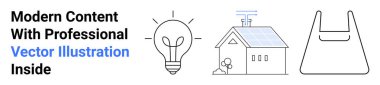 Ampul, güneş enerjili ev, yeniden kullanılabilir çanta çevre bilinci, yenilenebilir enerji ve minimalizmin altını çiziyor. Yeşil enerji, sürdürülebilirlik, çevresel farkındalık, teknoloji yeniliği için ideal