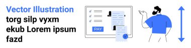 Kontrol listesi, kullanıcı simgeleri ve işaretlenmiş ödeme düğmesi gösteren dijital ekranı analiz eden bir adam. Bankacılık, finans, çevrimiçi ödemeler, veri yönetimi, teknoloji, iş soyut hattı için ideal