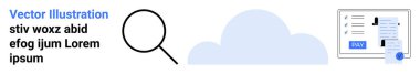 Bulut yakınındaki büyüteç, ödeme arayüzü ve metin elemanları. Arama, bulut depolama, dijital ödemeler, çevrimiçi araçlar, web hizmetleri, finans uygulamaları için ideal soyut çizgi düz metaforu