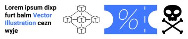 Blockchain ağ yapısı, mavi yüzde kupon ikonu ve çapraz kemik uyarısı olan kafatası. Teknoloji, kripto para birimi, indirimler, tehlikeler, siber güvenlik uyarıları ve riskler için ideal. Soyut