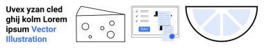 Delikli peynir dilimi, ödeme formu ve düğme, narenciye dilimi. Gıda ve içecek için ideal, finans, e-ticaret, web uygulamaları, sağlık, minimalizm soyut çizgi düz metafor