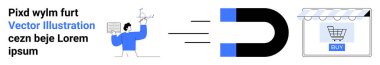 Elinde belgeler tutan ve bir stratejiye işaret eden bir kişi, bir mağaza simgesini çeken bir mıknatıs. Dijital pazarlama, e-ticaret, müşteri edinme, iş stratejisi, satış büyümesi, kullanıcı