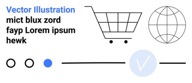 Alışveriş arabası, küre şebekesi, daireler, çizgiler ve beyaz üzerine siyah-mavi işaretler. E-ticaret, küresel ağ, asgari tasarım, çevrimiçi perakende veya soyut alışveriş doğrulama süreci için ideal